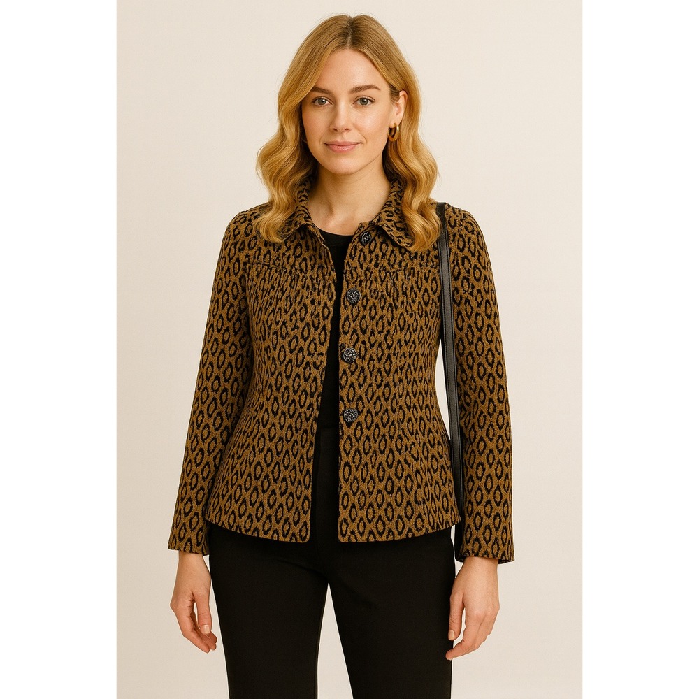 Kikit Jeans Leopard Print‎ Corduroy Cropped Swing Jacket Rose Button Detail
